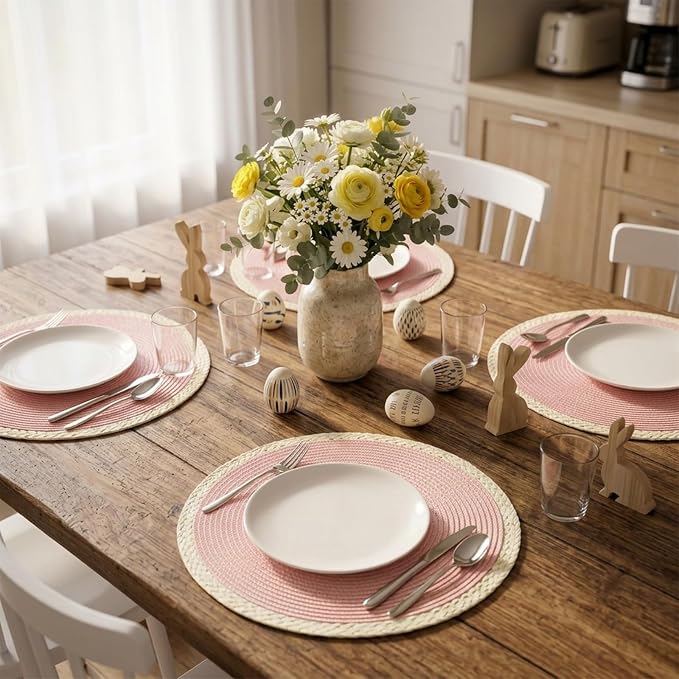 Round Placemats Set of 4, Woven Table Mats, Mint Pink | Braided Paper Edge - Image 5