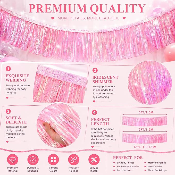 2 Pack Iridescent Pink Fringe Streamer Tassel Banner Party Decoration | Thick - Image 3