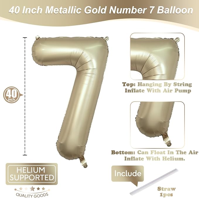 40 Inch Balloon Number 7 Metallic Gold, Large Mylar Foil Light Gold Number - Image 2
