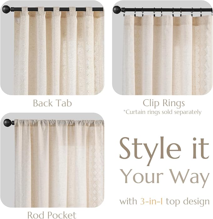 jinchan Floral Linen Curtains Embroidered Back Tab 50x84in 2 Panels Ivory | - Image 6