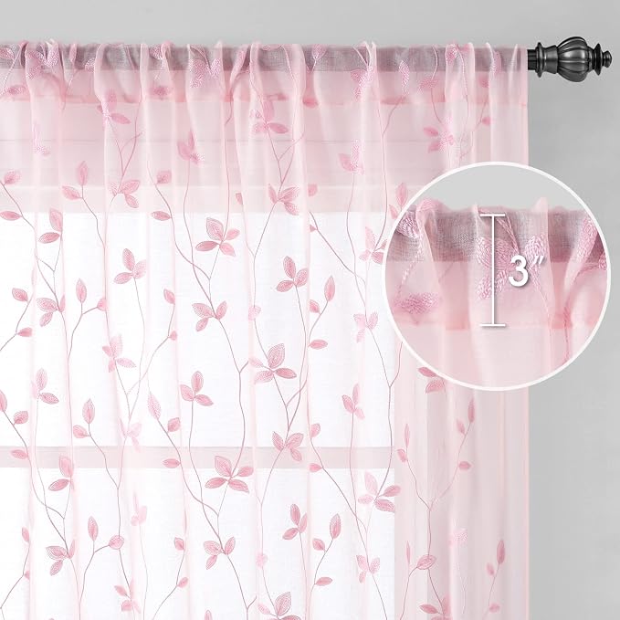 HOMEIDEAS Pink Sheer Curtains 2 Panels Set, Embroidered Vine Leaf, W52 x L84 | - Image 5