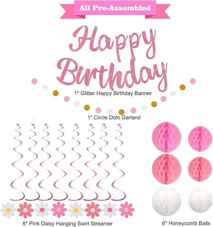 YEOCU Birthday Decorations, No DIY Pre-Strung Happy Birthday Banner | Pink - Image 2