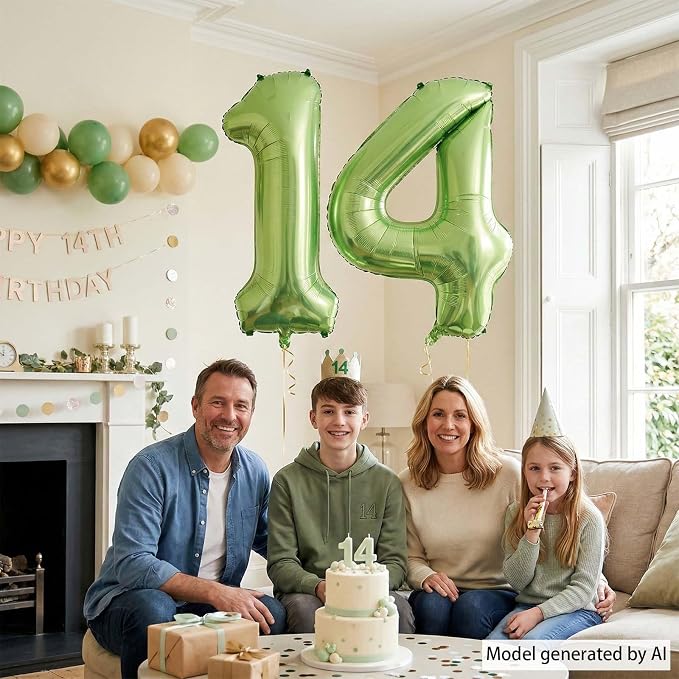 Shiny Metallic Light Green Foil Finish Number 14 Balloon, Botanical Themed - Image 7