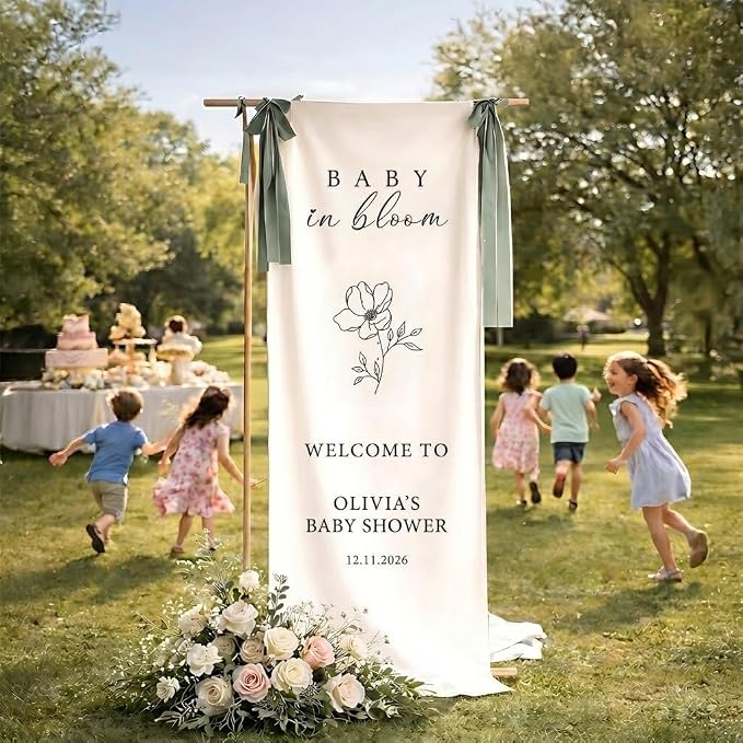 Personalized Baby in Bloom Baby Shower Fabric Welcome Sign Linen Backdrop 1 | - Image 4