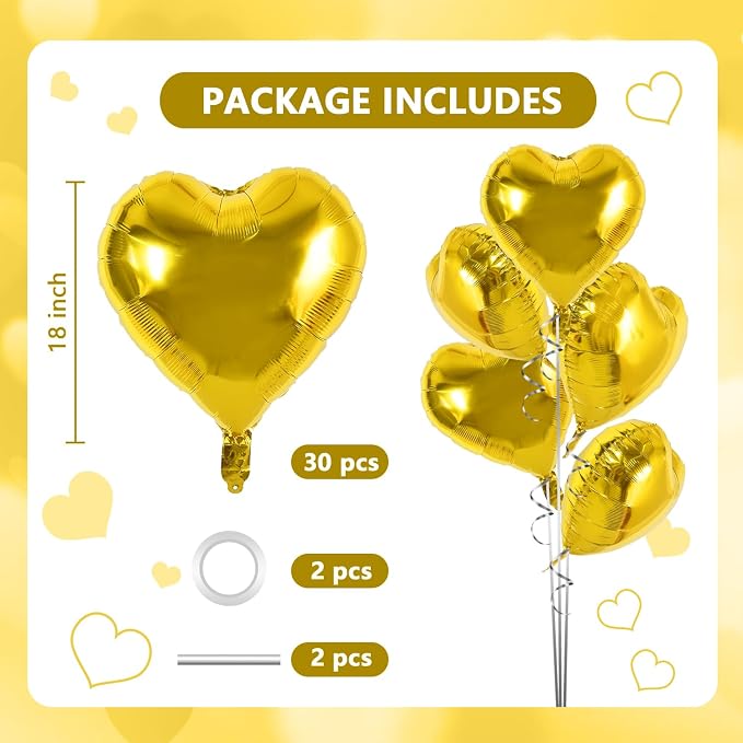 TONIFUL 30 Pcs Gold Heart Balloons 18 Inch Heart Shape Foil Mylar Balloons | - Image 2