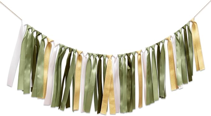 Sage Green and Gold Ribbon Tassel Garland Banner | Wild One Birthday Party by Unknown