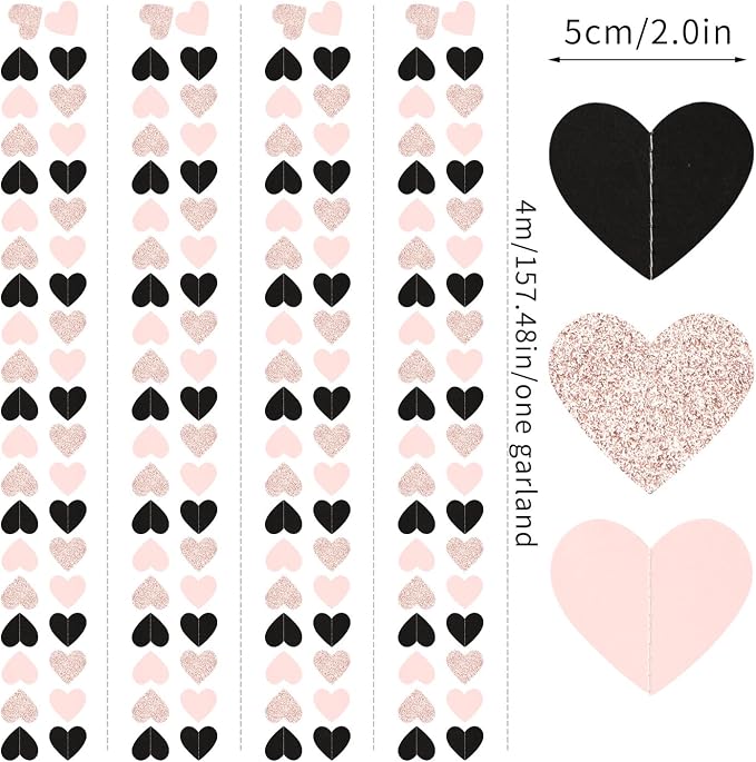 Rose-Gold Black-Pink Valentines Party-Decorations Heart-Garland - 52ft Glitter - Image 2