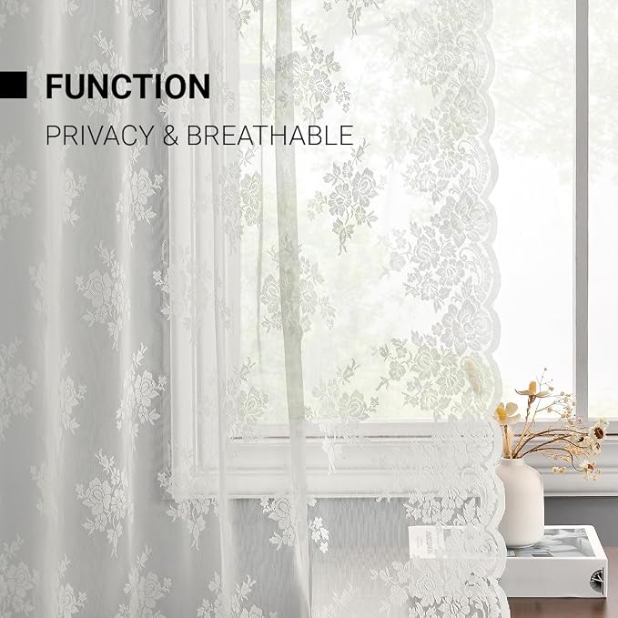 Kotile Ivory Lace Curtains for Kitchen Windows W52 x L45 Inch, 2 Panels | Rod - Image 4