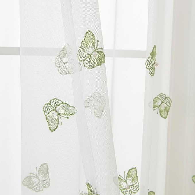 White Sheer Voile Curtains Green Embossed Butterflies 84 Inches | Light - Image 4