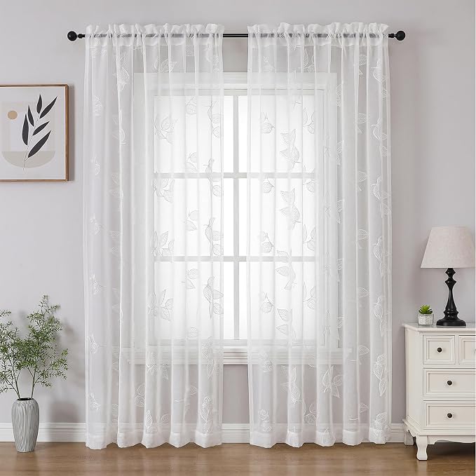 White Sheer Curtains Leaf Embroidered 84 Inches Long 2 Panels | Light Filtering - Image 2