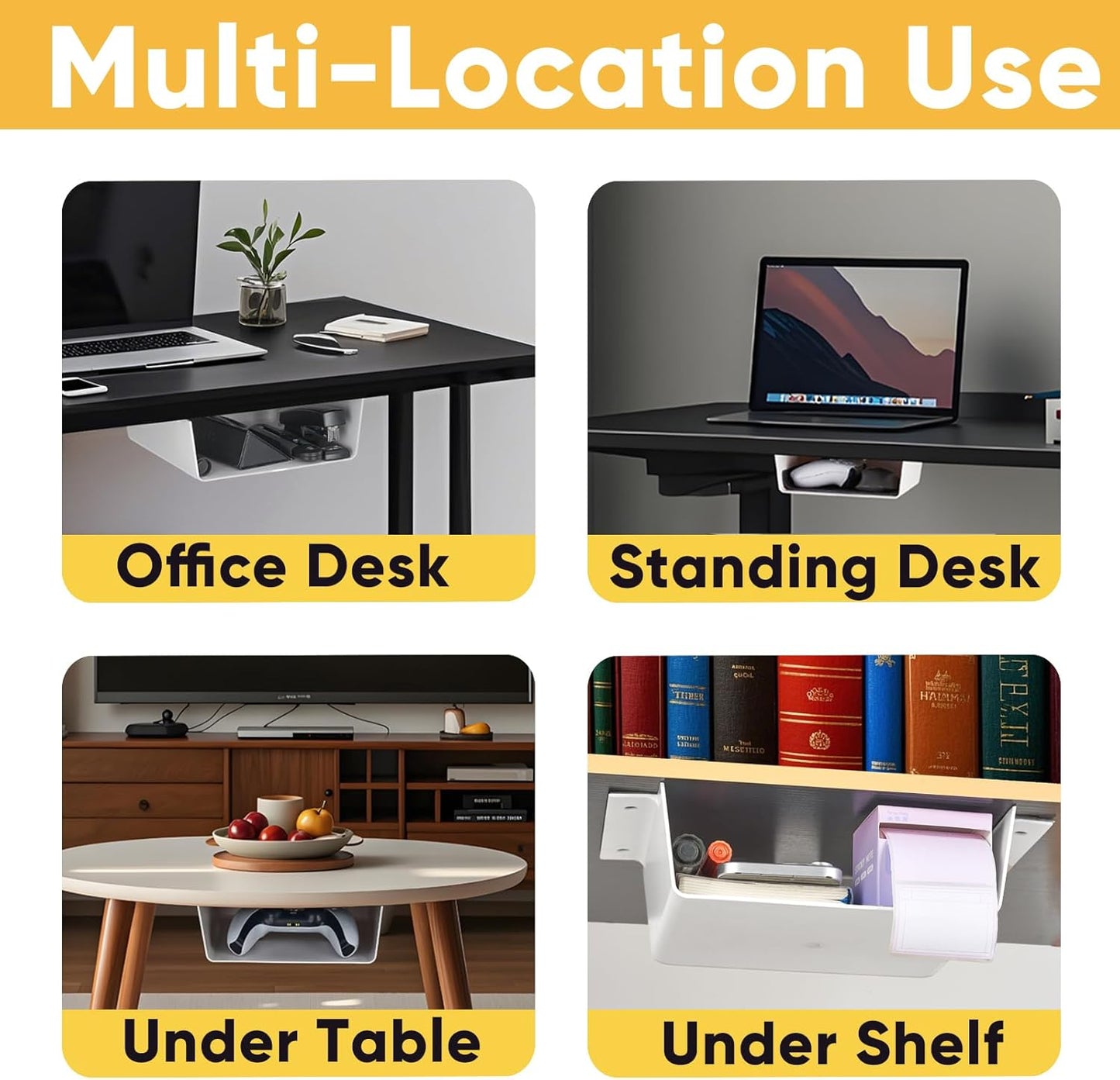 2 Pack Under Desk Hanging Shelf Drawer Organizer, Attachable Plastic Hidden Storage Tray, Easy Adhesive Mount Holder for Standing Tables, Office, Counters, Cabinets, Workstations - White