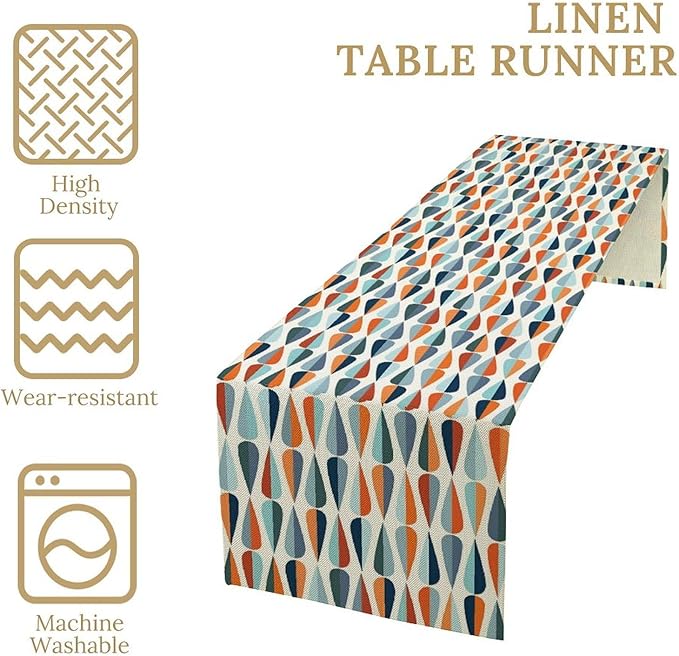 Mid Century Table Runner, Modern Style Retro Pattern Droplet Shapes Mosaic Tones Pattern Print for Home Kitchen Table Decor Dining Coffee Room Party Decor 13x108in