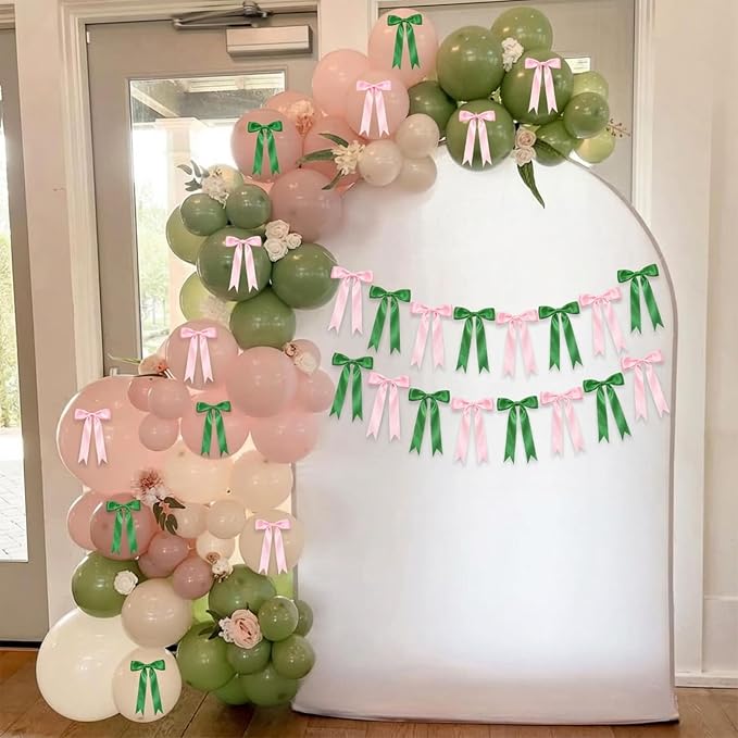 2 Strings Pink & Green Bow Garland Banner Decorations - Image 8