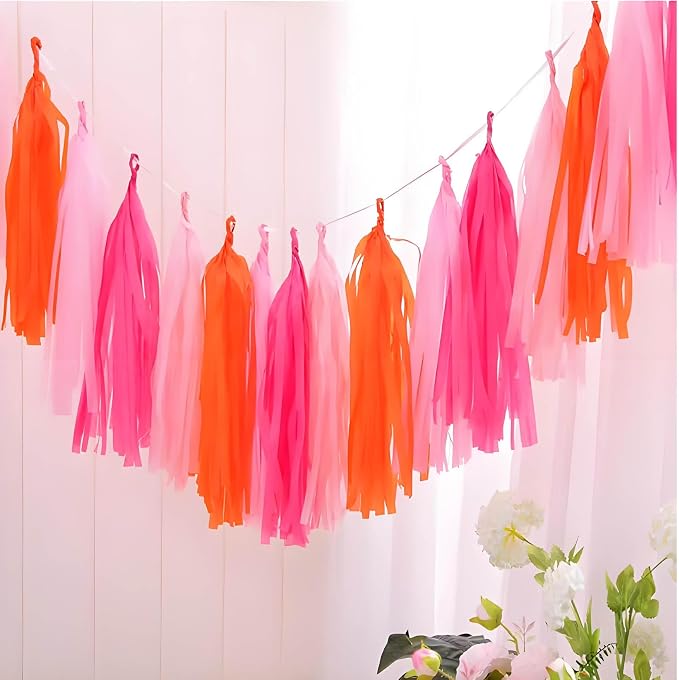 Hot Pink and Orange Pink Tissue Paper Fringe Garland - Image 2