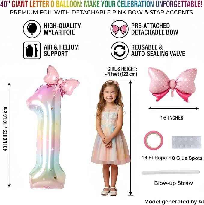 40" Giant Pastel Rainbow Number 10 Balloon Foil Pink Bow Decor Kit | - Image 2