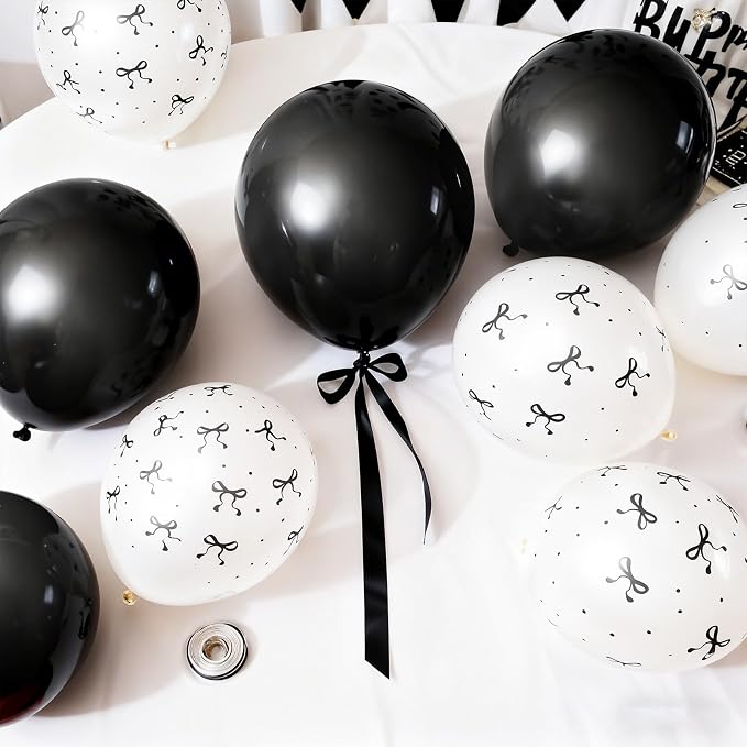 Black and White Bow Balloons, Pearl Black White Bow Print Latex Balloons - Image 4
