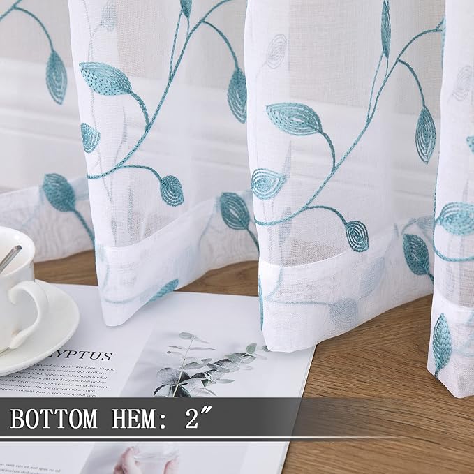 Tollpiz Leaves Short Sheer Tier Curtains Teal Blue Leaf Embroidery Kitchen Half - Image 4