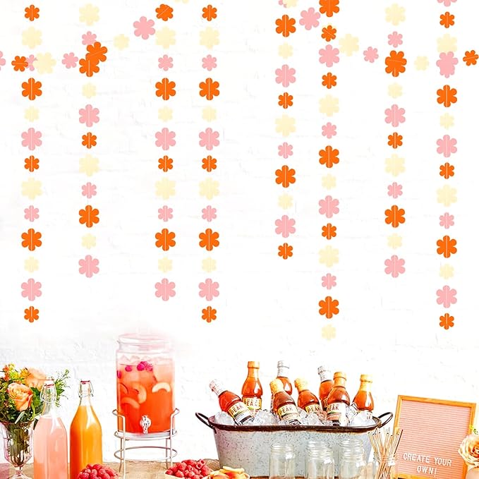 Orange-Pink Fall Party-Decorations Streamers-Garland - 52ft Boho Flower Hanging Paper Banner, Groovy Birthday Baby Bridal Shower Bachelorette Wedding Engagement Thanksgiving Day HalloweenDecor Hugfond