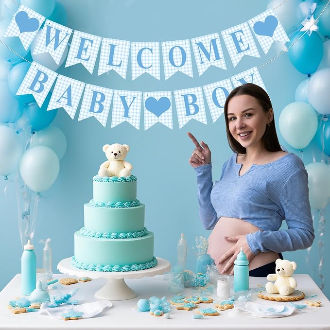 Hahafelt 1 Pcs Blue Gingham Welcome Baby Boy Banner - Image 4