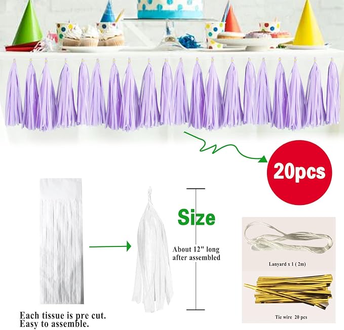 Lavender Tassel Garland 20 Pcs, Tissue Paper Tassels Garland Banner - Image 2