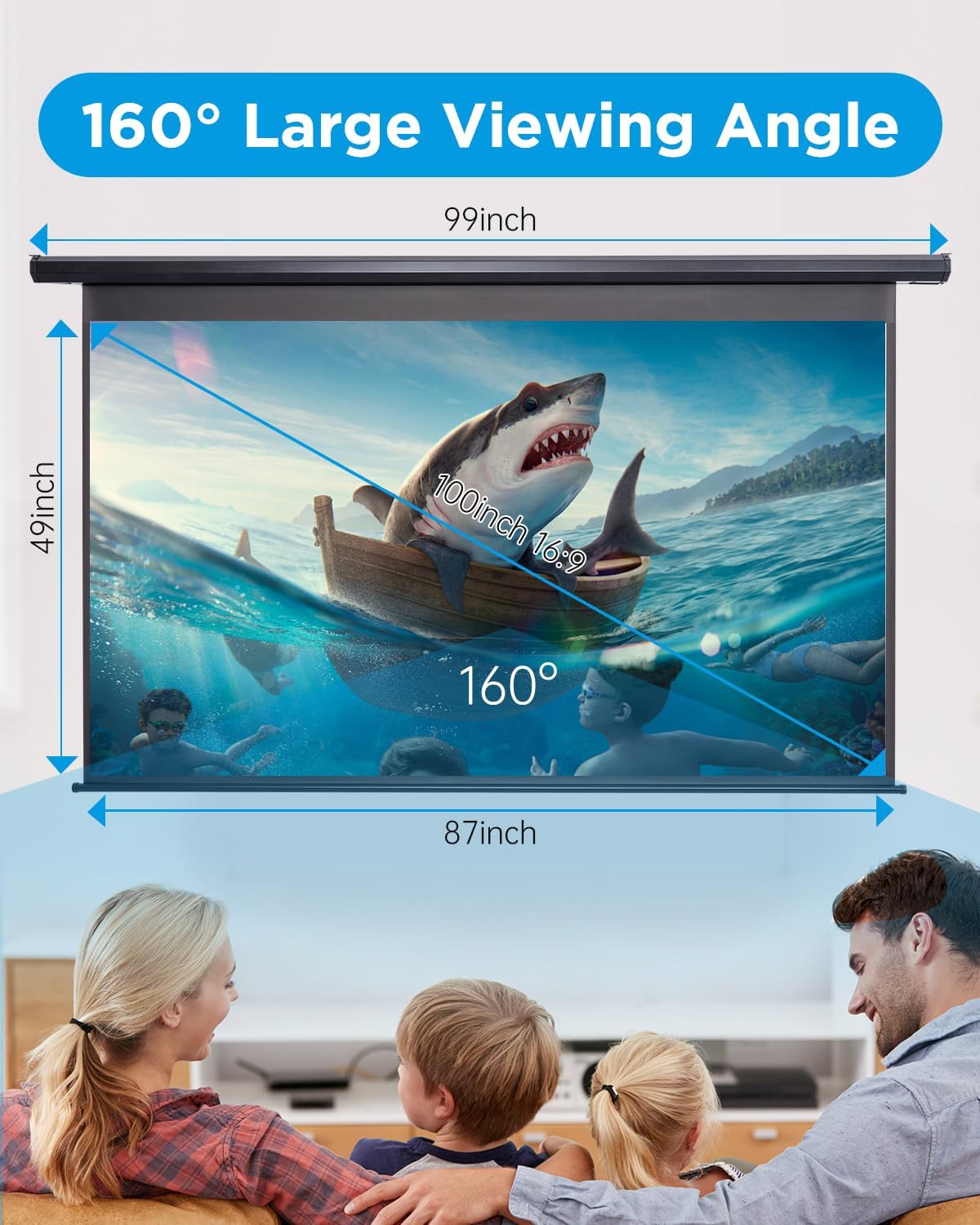 Projector Screen Motorized 100 Inch Electric Projector Screen with Remote Ceiling Mount Hooks, Pull Down Retractable Projection Screen Movie Screen Black 16:9, Automatic Projector Screen Roll Down