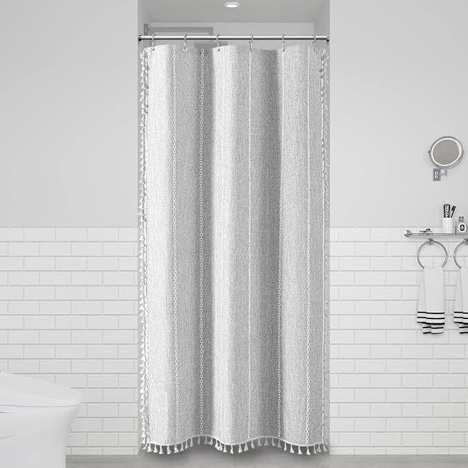 Small Boho Linen Heavy Duty Cloth Shower Curtain, 330GSM Linen Blend, Water - Image 6
