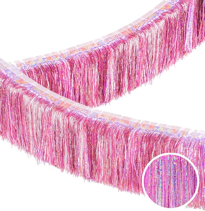 Glitter Pink Fringe Garland -4 Layers Thick, 2 Pack Metallic Tinsel Tassel by LILF