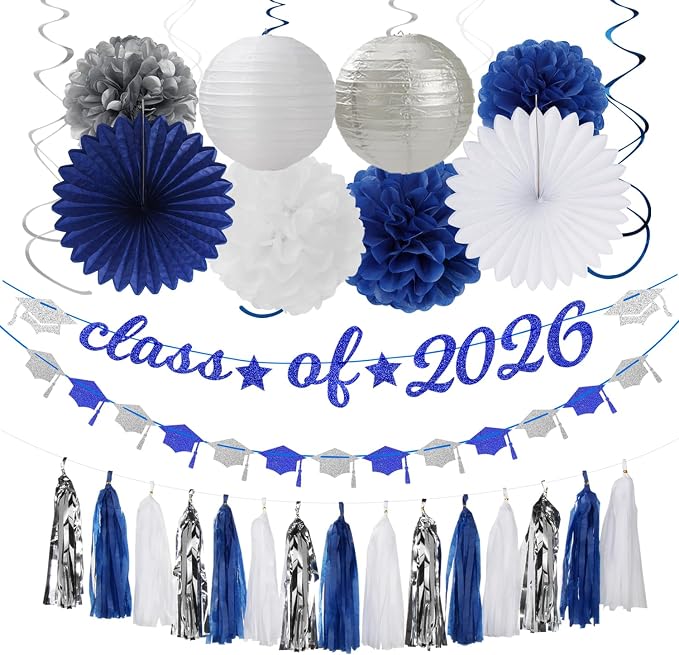 Navy-Blue White Silver Graduation Party-Decorations Garland by Burgleda