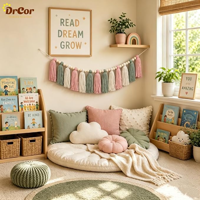 DrCor Pink & Sage Green Tassel Garland – Classroom Decor | Pastel boho wall - Image 3