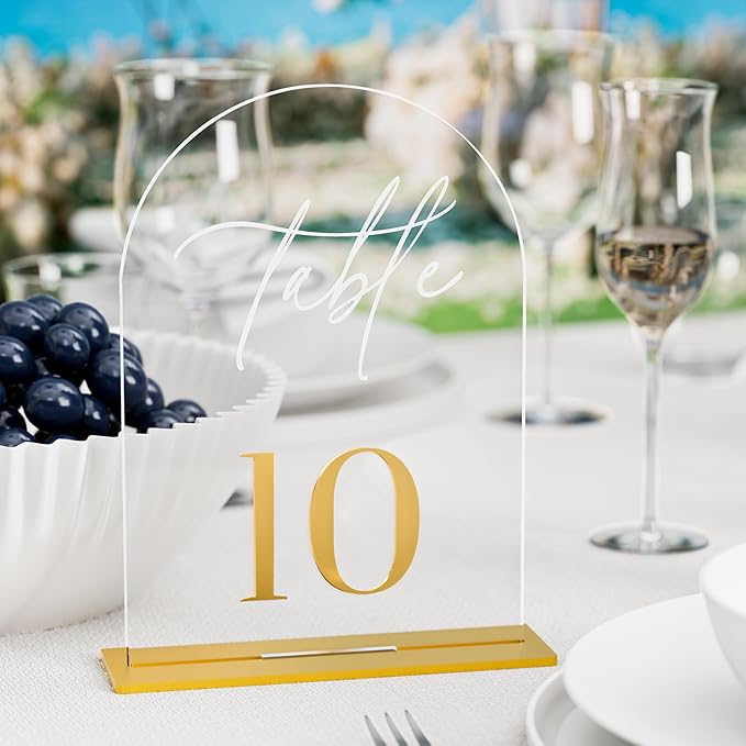 Arch Wedding Table Numbers 1-15 w/Stand, Gold 3D Table Numbers for Reception - 5.5" X 7" Elegant Acrylic Arch Sign with Holder, Perfect for Wedding, Anniversary, Banquet, and Event Decor