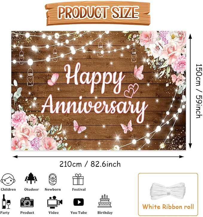 AIBIIN Happy Anniversary Backdrop Photography Background Pink Floral Wedding - Image 2