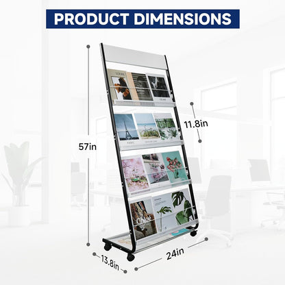 4-Tier Floor-Standing Magazine Rack with Wheels – Perfect Brochure Display Stand for Exhibitions, Offices, and Information Hubs