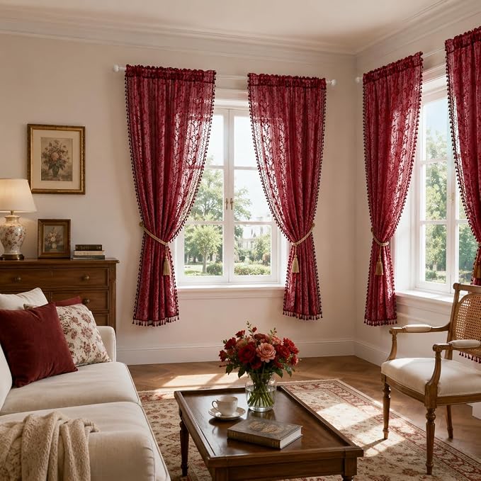 WAZZIO Boho Lace Curtains 2 Panels 63 Inch -Victorian Sheer Panel Drape French - Image 7