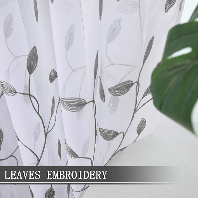 Tollpiz Leaves Short Sheer Tier Curtains Grey Leaf Embroidery Kitchen Half - Image 3
