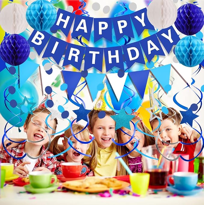 FECEDY Navy Blue Happy Birthday Paper Banner Flag Bunting Circle Confetti - Image 5