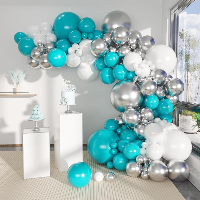 MEBAY Teal Blue Silver White Balloons Garland Arch Kit - Image 7