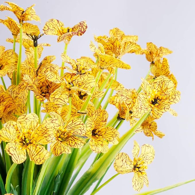 12 Bundles Artificial Flowers Outdoor UV Resistant Flowers No Fade Faux Plastic Plants Garden Porch Window Box Decorating (Yellow)