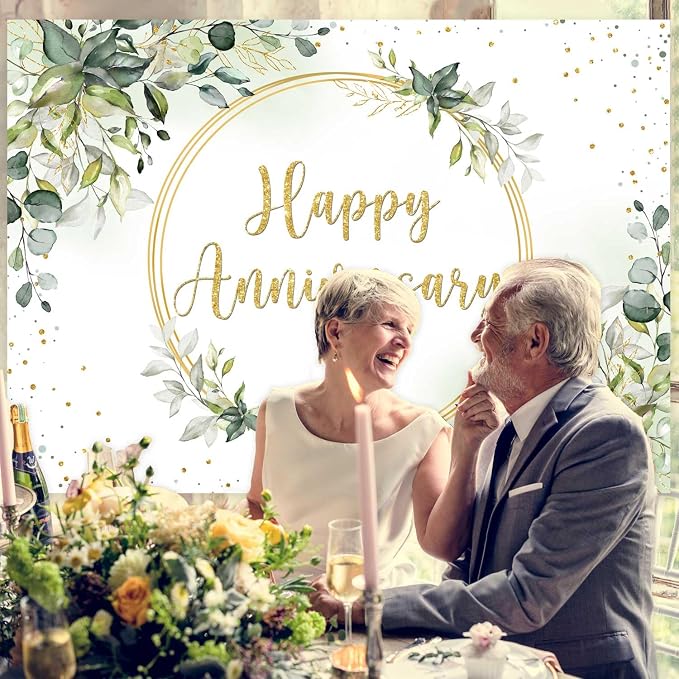 7x5ft Happy Anniversary Backdrop Sage Green Eucalyptus Wedding Anniversary - Image 4