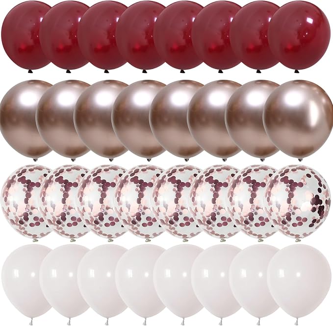 Burgundy Red Balloons, Wine Red and Rose Gold Confetti Balloon by Govpy