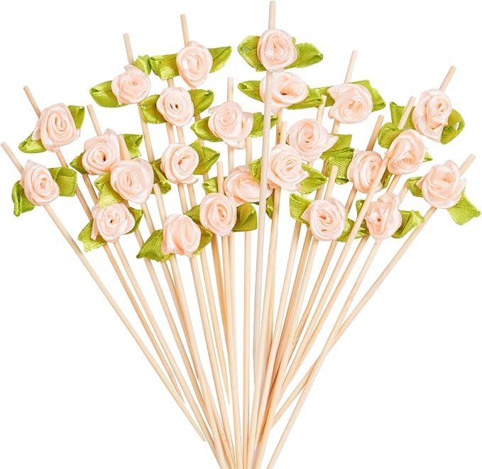 100PCS 4.7" Flower Cocktail Picks, Ribbon Rose Toothpicks Appetizer Skewers | by Barfroee