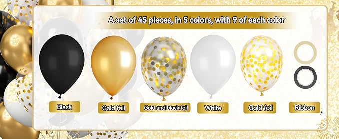 Graduation Latex Balloons with Ribbons, 45 Pack in Black Gold White Golden and - Image 3