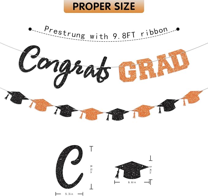Prestrung Congrats Grad Banner Orange and Black Graduation Banner - Image 4