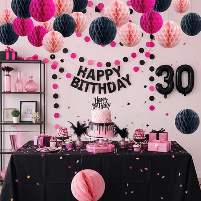 Hot Pink and Black Paper Honeycomb Balls, 12 Pack Hanging Tissue Pom poms - Image 3