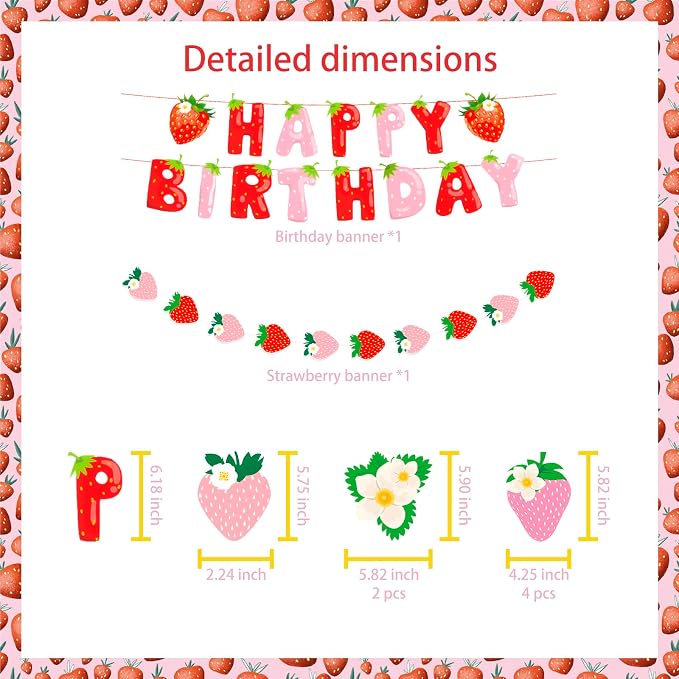 MEETINGU Happy Birthday Banner, Strawberry Theme Party Decoration Supplies - Image 2