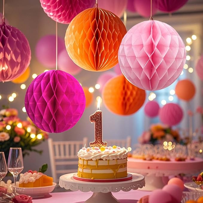 Orange and Pink Paper Honeycomb Flower Balls-12 Pcs 6" 10" Tissue Pompoms They - Image 4