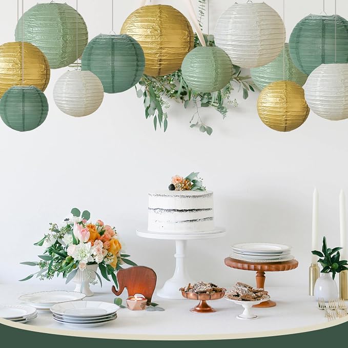 12Pcs Sage Green Gold Paper Lanterns Olive Chinese Hanging Round Paper Lanterns - Image 4