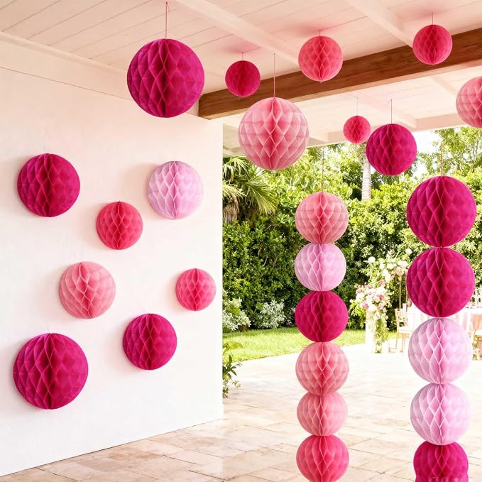 Pink Paper Honeycomb Balls, 6 and 10 inch Hanging Tissue Pompoms, 12 Pack Party - Image 8