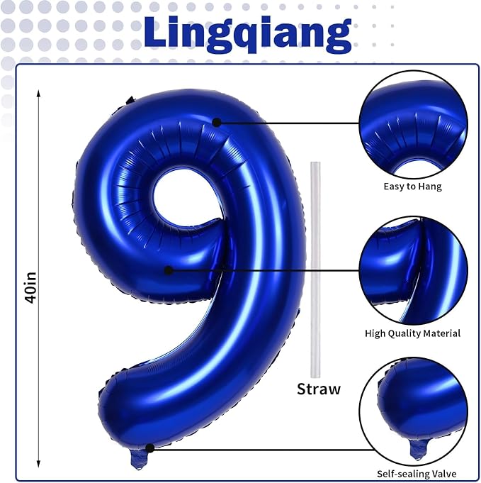 40 Inch Navy Blue Foil Balloon Number 9, Large Self Inflating Dark Blue Number - Image 2