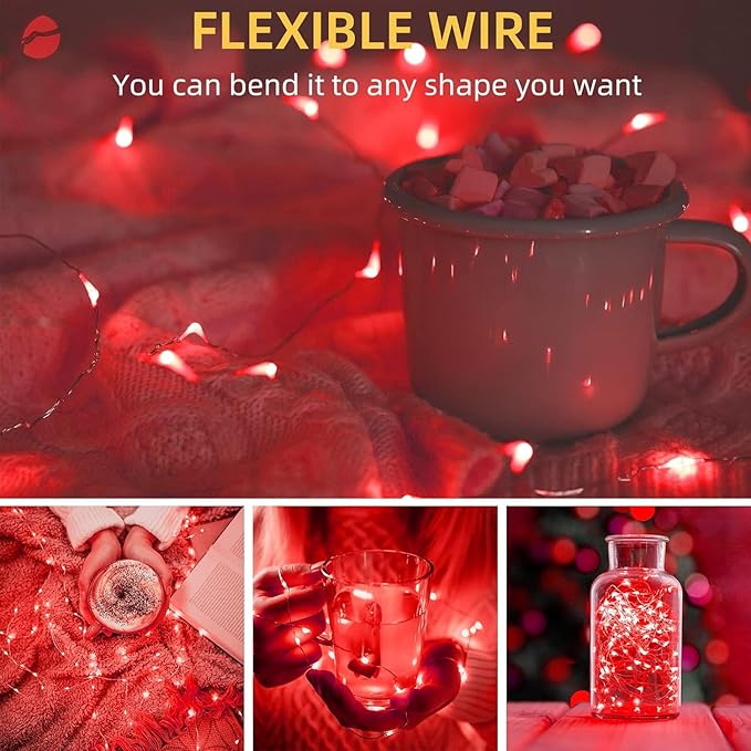 LAMPHOME 6 Pack Fairy Lights Battery Operated String Lights 6.6ft 20 Led Mason Jar Lights Waterproof Silver Wire Light Fireflies DIY Party Wedding Christmas Decoration(6 Pack,RED)