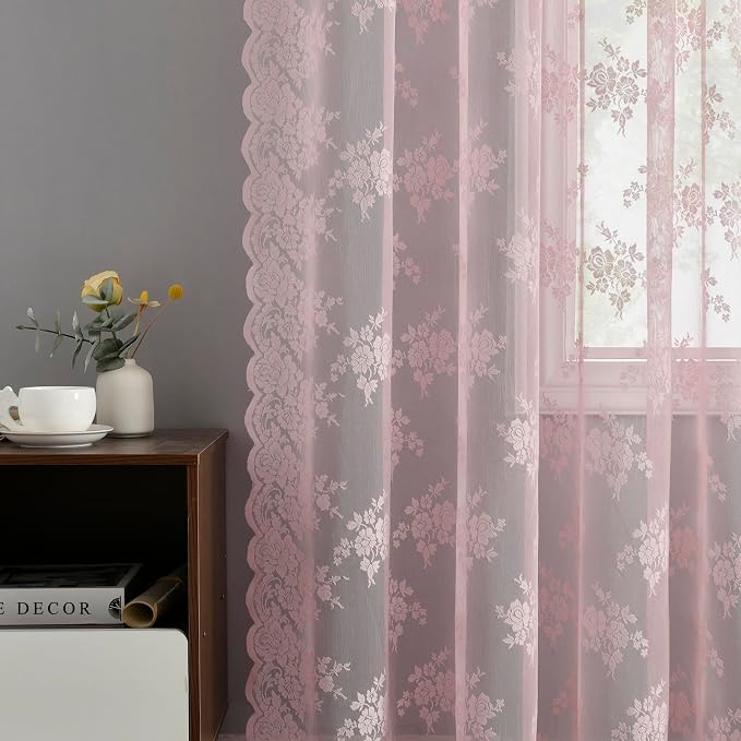 Kotile Pink Lace Curtains for Girls Bedroom Rustic Floral 2 * 42x84 Inch | Rod - Image 6